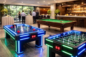 Mesa de Aero Hockey Neon e Pebolim para locação em eventos corporativos e festas em Curitiba pela Lara Locações.