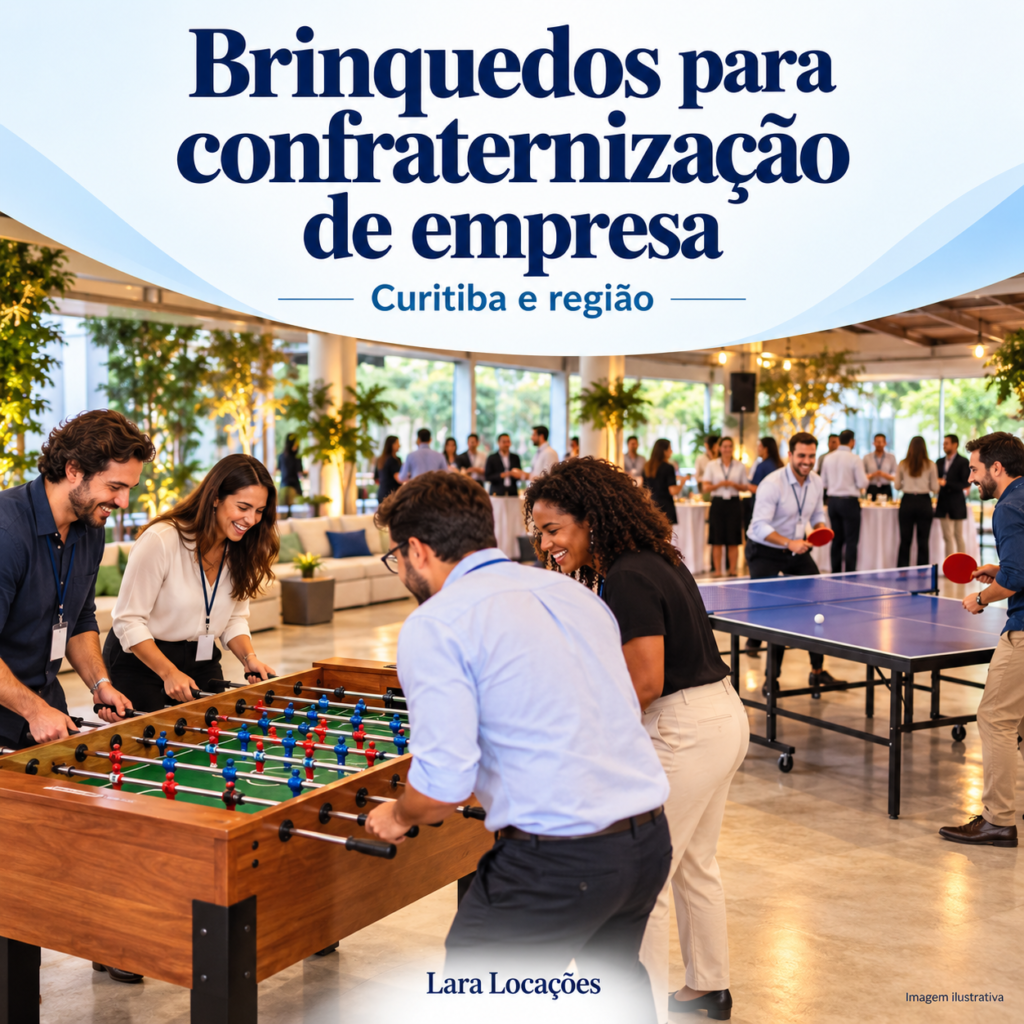 Ilustração de colegas jogando pebolim e ping pong em uma confraternização de empresa.