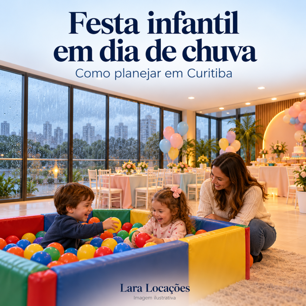 Ilustração de crianças brincando em piscina de bolinhas em salão coberto, com supervisão de uma adulta e chuva do lado de fora.