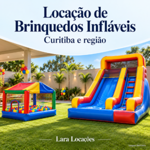 Ilustração de tobogã e piscina de bolinhas infláveis coloridos em um jardim preparado para festa.